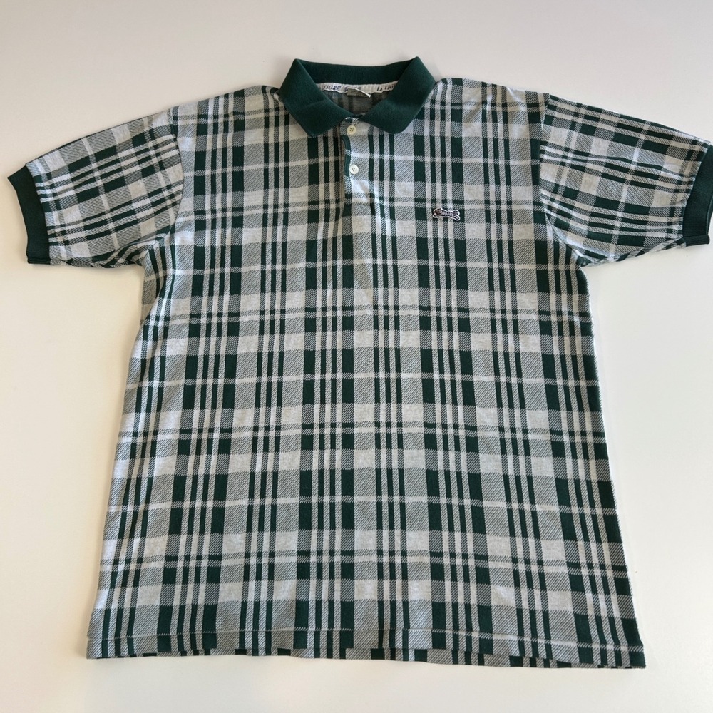 Le Tigre Mens Vintage Green White Plaid Short Sleeve Polo Shirt Large